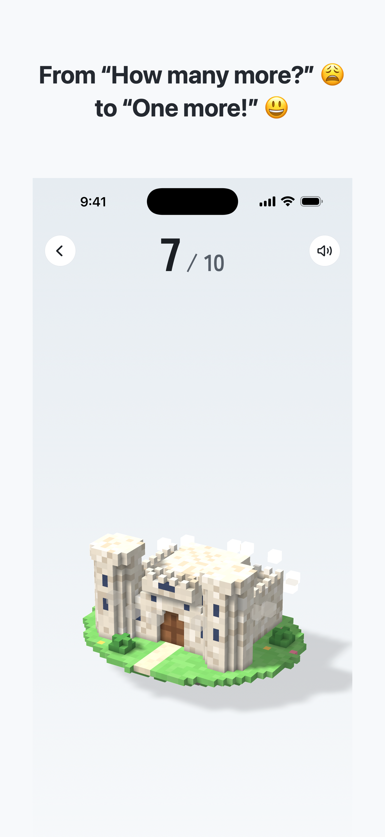 Practice Counter showing a voxel castle after several taps