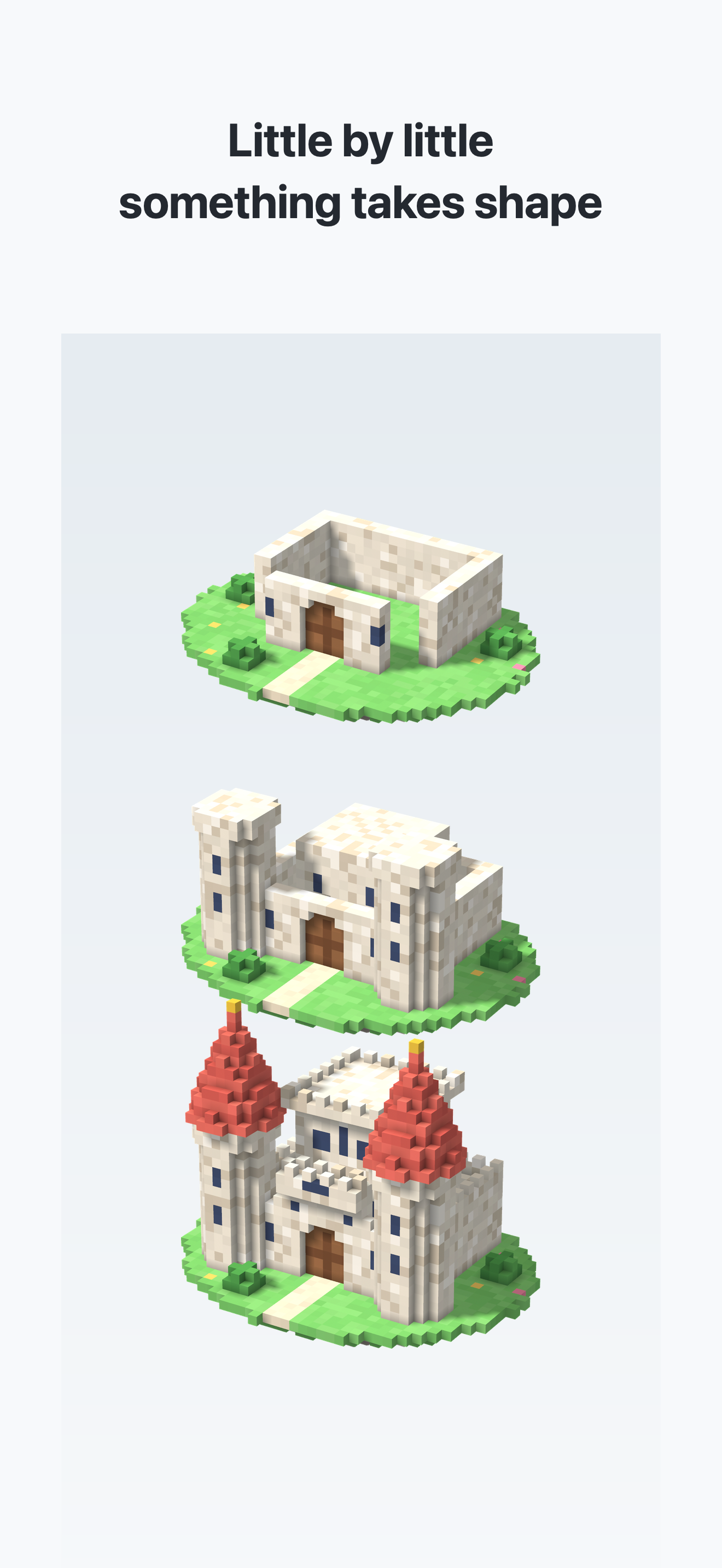 Three stages of a voxel castle taking shape